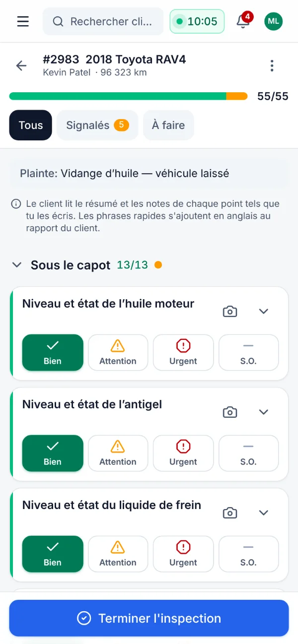 Une inspection sur le téléphone d’un technicien, avec mesures et photos