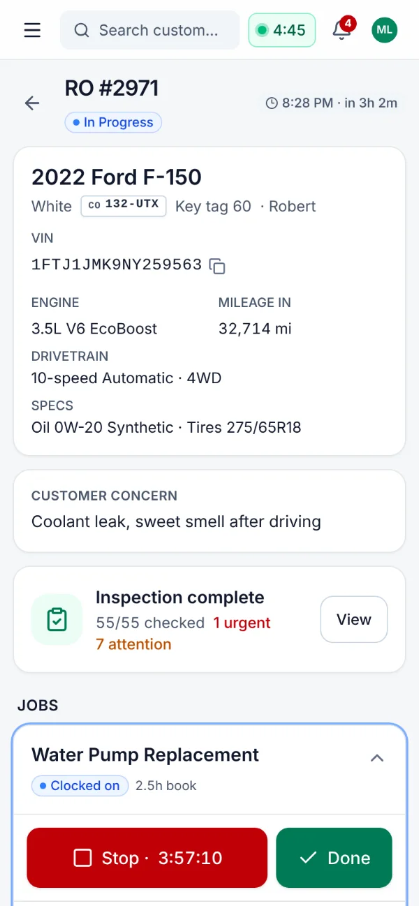 The technician app with job timers on a phone